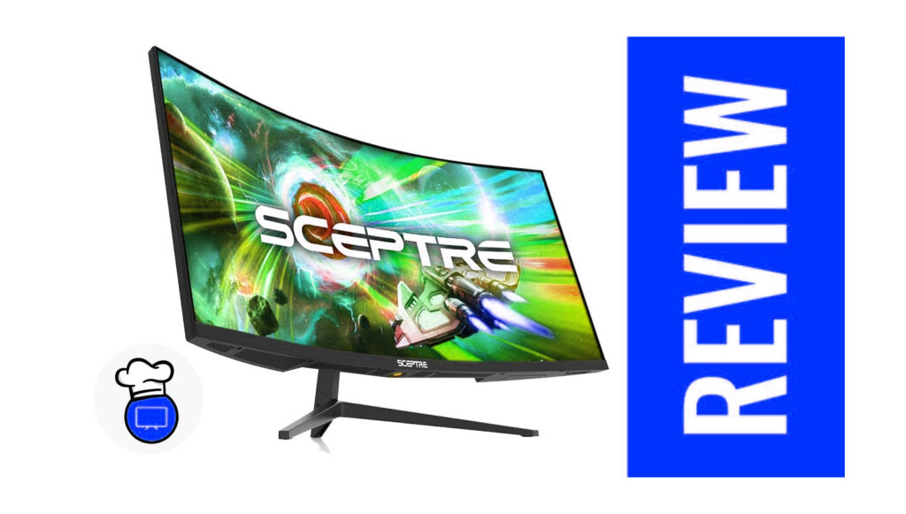 Sceptre 34-inch monitor displaying vibrant game graphics